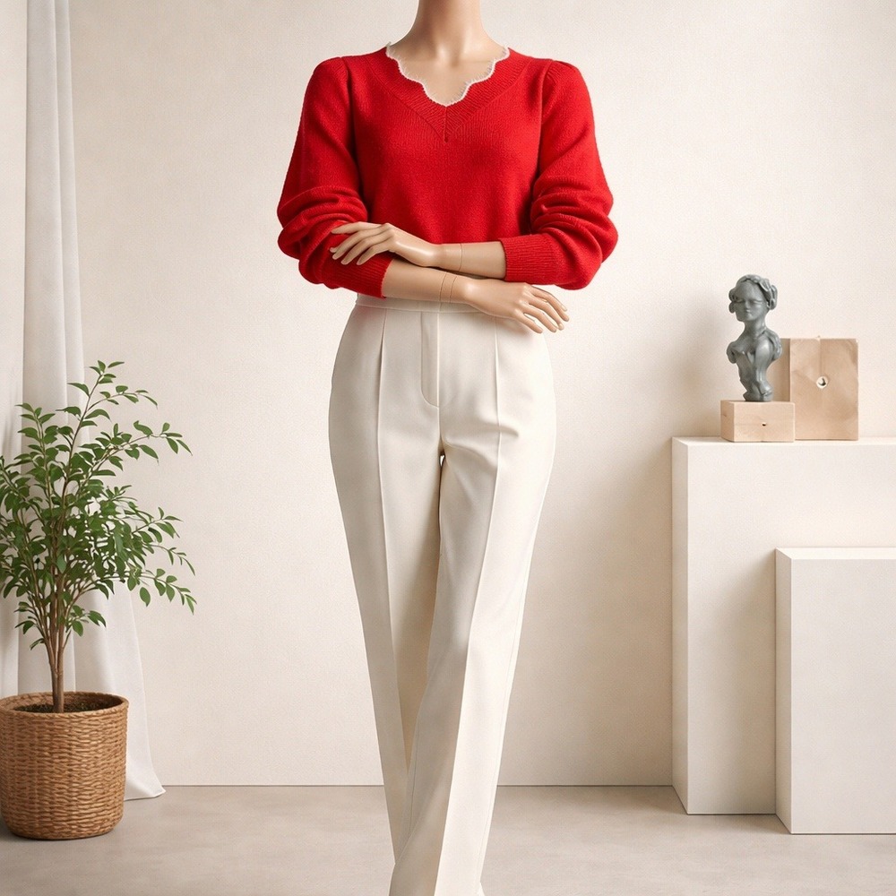 Red Scalloped V-Neck Fuzzy Trim Knit Sweater Women Med Pullover Long Sleeve Cozy